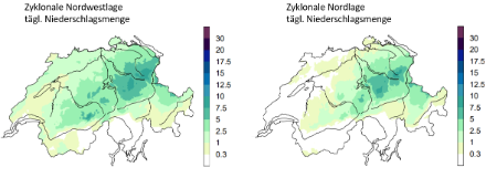 Median der täglichen Niederschlagsmenge [mm] aller zyklonalen Nordwestlagen im Sommer (die Hälfte der 47 Fälle weisen kleinere Mengen auf, Bild links) und aller zyklonalen Nordlagen im Sommer (die Hälfte der 142 Fälle weisen kleinere Mengen auf, Bild rechts) in der Zeitperiode 1961-2010. Von den östlichen Urner Alpen bis zum Alpstein fallen durchschnittlich 5 bis 8 mm pro Tag, während die Alpensüdseite trocken bleibt.