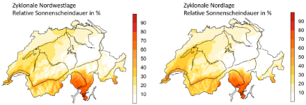 Median der relativen Sonnenscheindauer [%] aller zyklonalen Nordwestlagen im Sommer  (die Hälfte der 86 Fälle weisen kleinere Werte auf, Bild links) und aller zyklonaler Nordlagen im Sommer (die Hälfte der 21 Fälle weisen kleinere Werte auf, Bild rechts) in der Zeitperiode 1981-2010. Neben dem zentralen und östlichen Alpennordhang weist auch Nord- und Mittelbünden kaum Sonne auf, ganz im Gegensatz zum Mittel- und Südtessin.