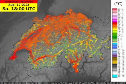 Temperaturprognose des data4web Systems der MeteoSchweiz für sämtliche Schweizer Gemeinden für Samstagabend, 12. August 2023, 18 UTC (20 Uhr Lokalzeit). 