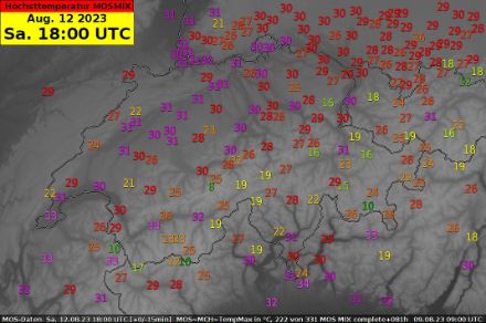 MOSMIX Prognose der Höchsttemperatur für Samstag, 12. August 2023. 