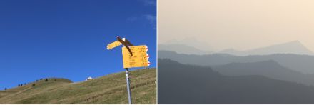 Gestern Abend (1. September 2023) war die Luft sauber und relativ trocken. Dementsprechend präsentierte sich der Himmel bei der Alp Wildegg in einem dunklen blau (Bild links). Sind hingegen viele Aerosole vorhanden (Bild rechts), so verschwindet das Himmelsblau mehr und mehr .