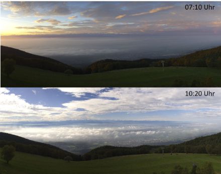 Oben Foto von 7:10 Uhr, Blick auf Nebelfelder, Alpen und mittelhohe Wolkenfelder. Unten Foto von 10:20 Uhr, Nebel mehrheitlich aufgelöst.