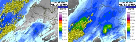 6stündige Niederschlagssummen und Blitze (gelbe Rauten) für 00-6 UTC (links) und 06-12 UTC (rechts). 