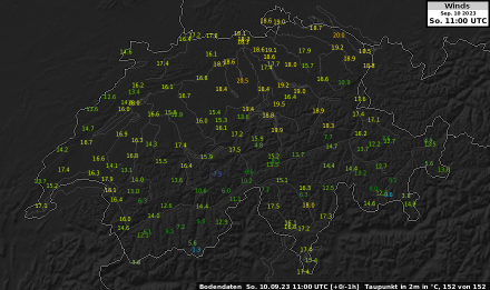 Karte der Schweiz mit Taupunktswerten von heute.