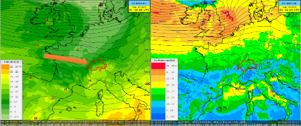 Modellfelder vom Europäischen Modell IFS, gültig für Dienstag 12 UTC. Links: Isohypsen auf 500 hPa resp. Druckverteilung auf rund 5500 Meter (schwarze Linien), Temperatur auf 850 hPa resp. rund 1500 Meter (farbige Flächen, Legende links). Der orange Pfeil deutet die Strömungsrichtung an. Rechts: Isobaren der Bodendruckverteilung (schwarze Linien) und Windspitzen der letzten 3 Stunden (farbige Flächen).