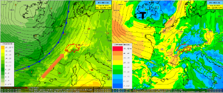 Modellfelder vom Europäischen Modell IFS, gültig für Donnerstag 12 UTC. Links: Isohypsen auf 500 hPa resp. Druckverteilung auf rund 5500 Meter (schwarze Linien), Temperatur auf 850 hPa resp. rund 1500 Meter (farbige Flächen, Legende links). Der orange Pfeil deutet die Strömungsrichtung an. Die Kaltfront ist mit der blauen Linie markiert. Rechts: Isobaren der Bodendruckverteilung (schwarze Linien) und Windspitzen der letzten 3 Stunden (farbige Flächen).