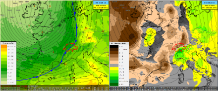 Modellfelder vom Europäischen Modell IFS, gültig für Freitag 00 UTC. Links: Isohypsen auf 500 hPa resp. Druckverteilung auf rund 5500 Meter (schwarze Linien), Temperatur auf 850 hPa resp. rund 1500 Meter (farbige Flächen, Legende links). Die Position der Kaltfront ist mit der blauen Linie markiert. Rechts: Isobaren der Bodendruckverteilung (schwarze Linien) und Druckänderung der letzten 3 Stunden (farbige Flächen, braun bedeutet Druckanstieg, grün-gelb Druckfall).