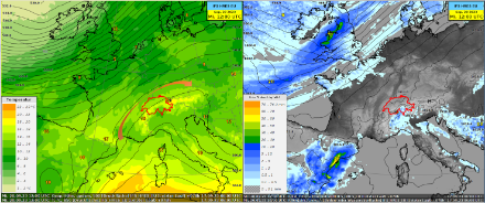 Modellfelder vom Europäischen Modell IFS, gültig für Mittwoch 12 UTC. Links: Isohypsen auf 500 hPa resp. Druckverteilung auf rund 5500 Meter (schwarze Linien), Temperatur auf 850 hPa resp. rund 1500 Meter (farbige Flächen, Legende links). Der orange Pfeil deutet die Strömungsrichtung an. Rechts: Isobaren der Bodendruckverteilung (schwarze Linien) und Niederschlag der letzten 6 Stunden (blaue Flächen).
