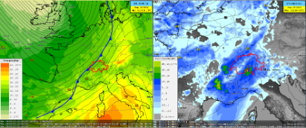 Modellfelder vom Europäischen Modell IFS, gültig für Montag 12 UTC. Links: Isohypsen auf 500 hPa resp. Druckverteilung auf rund 5500 Meter (schwarze Linien), Temperatur auf 850 hPa resp. rund 1500 Meter (farbige Flächen, Legende links).  Die Kaltfront ist mit der blauen Linie markiert. Rechts: Isobaren der Bodendruckverteilung (schwarze Linien) und Niederschlagsakkumulation der letzten 6 Stunden (blaue Flächen).