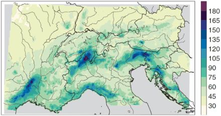 Bild3: Durchschnittliche Niederschlagsmenge des regenreichsten Tages eines Jahres in mm. In einem Streifen zwischen Domodossala und Maggiatal fallen im Durchschnitt einmal pro Jahr 135 bis über 180 mm. Auf der Alpennordseite bringt der nasseste Tag des Jahres dagegen meist nur 45 bis 75 mm.