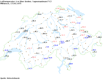 Tageshöchsttemperatur in der Schweiz am 17. September 1975. Besonders in den Föhntälern war es für die Jahreszeit sehr warm oder besser gesagt heiss.