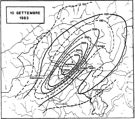 Niederschlagsmengen [mm] im Tessin am 10. September 1983 gemäss einer Auswertung von MeteoSchweiz.