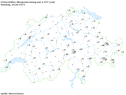 Totalschneehöhe [cm] am 29. September 1974 um 6 UTC in der Schweiz. In den Alpen lag in höheren Regionen bereits eine Schneedecke, welche in der Folge zum Teil bis im Frühling 1975 nicht mehr verschwand.