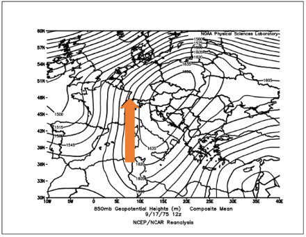 Geopotential auf 850 hPa am 17. September 1975 um 12 UTC. Mit südlichen Winden (roter Pfeil) floss damals extrem warme Luft von Nordafrika her zur Schweiz.
