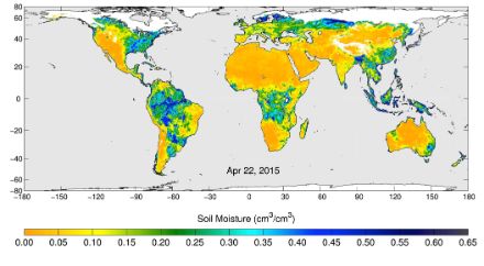 Abbildung 1: Mittlere Bodenfeuchte, gemessen vom Satelliten SMAP am 22. April 2015