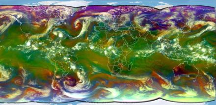 Weltkarte, darüber Satellitenbild