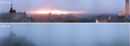 Morgendliche Wolkenlücke auf dem Säntis, kurz vor dem Eintreffen der ersten Niederschlagsstaffel.