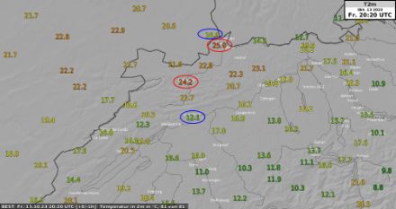 Die Momentaufnahme der Temperatur am Freitag, 13. Oktober 2023 um 22.20 MESZ (20.20 UTC) zeigte eindrückliche Temperaturgegensätze auf kurzer Distanz. Dort wo sich der Südwestwind durchsetzte, war es extrem mild. Im flachen Grenchener Kaltluftsee kühlte es hingegen stark ab.