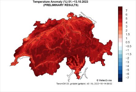 Abweichung der mittleren Tagesmitteltemperatur vom 1. bis 13. Oktober 2023 von der Norm 1991-2020.