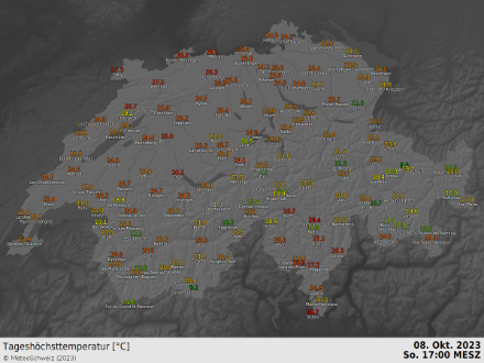Höchsttemperaturen vom Sonntag, 8. Oktober 2023 (bis 17 Uhr).