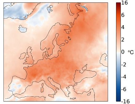 Abbildung 4. Räumliche Verteilung der Septembertemperatur 2023 in Europa, dargestellt als Abweichung zum Durchschnitt 1991‒2020 in °C. Quelle: Copernicus.