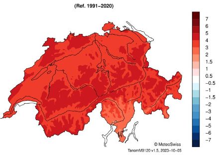 Abbildung 7. Räumliche Verteilung der Septembertemperatur 2023, dargestellt als Abweichung zum Durchschnitt 1991‒2020 in °C. Quelle: MeteoSchweiz.