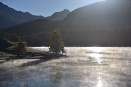So ruhig wie heute Morgen am rauchenden Lej da San Murezzan (St. Moritzersee) bleibt es nicht mehr lange. Bild: U. Graf