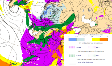 EFI (Extreme-Forecast-Index) des ECMWF für den Freitag, 20. Oktober 2023. Quelle: ECMWF