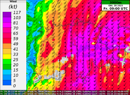 Wind auf 3000 Metern in kt, in Windfiedern sowie in flächiger Darstellung, für Freitag, 09 UTC, berechnet vom COSMO-2E.
