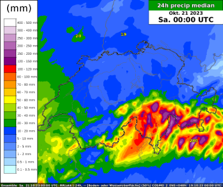 Median des Niederschlags zwischen Freitag 00 Uhr UTC und Samstag 00 UTC, berechnet vom COSMO-2E. 