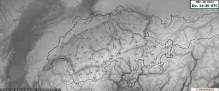 Sonnenscheindauer für heute. Beidseits der Alpen ist nur wenig Sonne registriert worden, am schlechtesten schneidet die Alpennordseite ab, dicht gefolgt von der Alpensüdseite. Am ehesten konnte noch in Nord- und Mittelbünden etwas Sonne genossen werden.