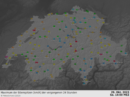 Böenspitzen in km/h der letzten 24 Stunden bis am Sonntag, 29.10.2023, 14:00 Uhr. Quelle: MeteoSchweiz
