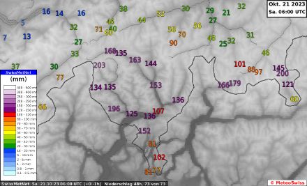 Niederschlagssumme der vergangenen 48 Stunden an den SwissMetNet-Stationen.