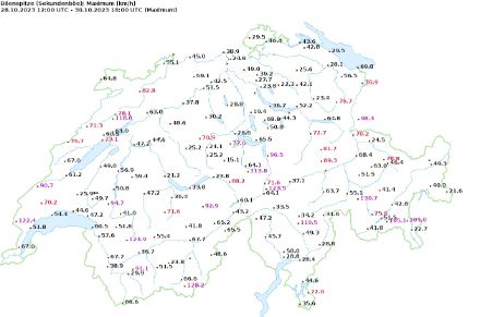 Höchste Windspitzen in km/h im Zeitraum von Samstag, 28. Oktober 2023, 12 UTC bis Montag, 30. Oktober, 18 UTC.