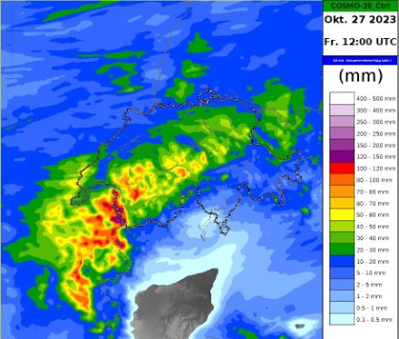 Niederschlagssumme zwischen Mittwoch 14 Uhr und Freitag 14 Uhr (48h) berechnet vom Cosmo-2E-Modell. 