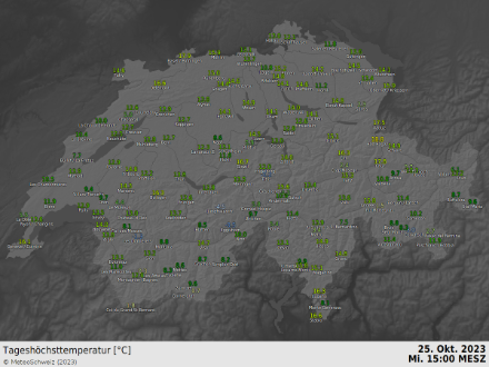 Höchsttemperaturen am 25.10.2023 (Stand 15 Uhr)