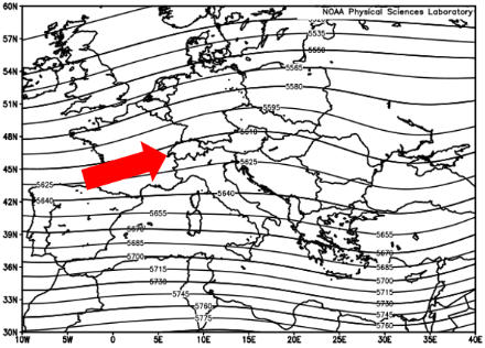 Mittleres Geopotential auf 500 hPa (ca. 5500 Meter) vom 20. April bis 10. Mai in der Periode 1991-2020 gemäss dem Reanalysetool https://psl.noaa.gov/data/composites/day/.  Offensichtlich sind Südwest- und Südlagen in dieser Zeitperiode häufiger als West- , Nordwest- und Nordlagen, so dass sich sogar im Mittel über 30 Jahre ein Südwestwind ergibt (roter Pfeil). Dies begünstigt den Föhn in der Zeit zwischen Ende April und Anfang Mai.