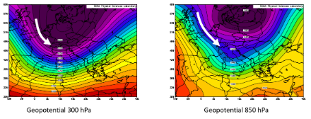 Mittleres Geopotential im Oktober 1974 auf 300 hPa (links) und 850 hPa (rechts) gemäss dem Reanalysetool NCEP/NCAR Reanalysis. Im Alpenraum herrschte eine tiefdruckbestimmte Nordwestströmung (weisse Pfeile) vor, welche immer wieder kalte Polarluft zu den Alpen führte.