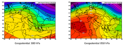 Mittleres Geopotential zwischen dem 15. und 31. Oktober 1971 auf 300 hPa (links) und 850 hPa (rechts) gemäss dem Reanalysetool NCEP/NCAR Reanalysis. Im Alpenraum herrschte wie aktuell eine hochdruckbestimmte Nordwestlage vor, welche sehr milde und trockene Luft zur Schweiz führte.