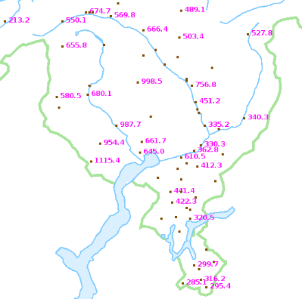 Niederschlagsmengen [mm] zwischen dem 1. und 20. Oktober 1993 im Tessin sowie im Misox.