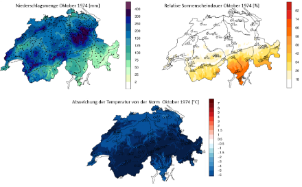 Niederschlagsmenge [mm] (oben links), relative Sonnenscheindauer in bezug zum absolut Möglichen [%] (oben rechts) und Abweichung der Temperatur von der Norm [°C] (unten) im Oktober 1974. Nördlich der Alpen war der Oktober 1974 niederschlagsreich, etwa 5 bis 7 Grad zu kalt und extrem sonnenarm.