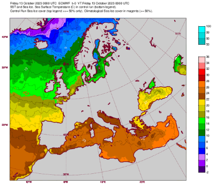 Meeresoberflächentemperatur von heute 13.10.2023. Die Temperaturen liegen auf dem Weg von Island bis zum europäischen Festland zwischen 10 und 18 Grad.