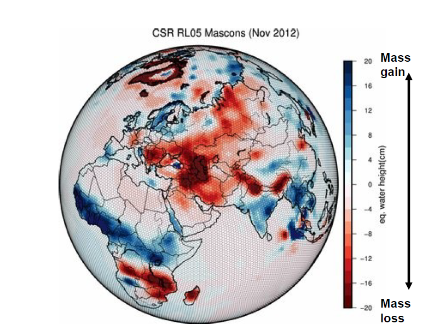 Abbildung 3: Abweichungen der Wasserspeicher, berechnet von den Satelliten der GRACE-Mission für November 2012. Blaue Farben zeigen einen Zugewinn an Wasser, rote Farben einen Verlust.