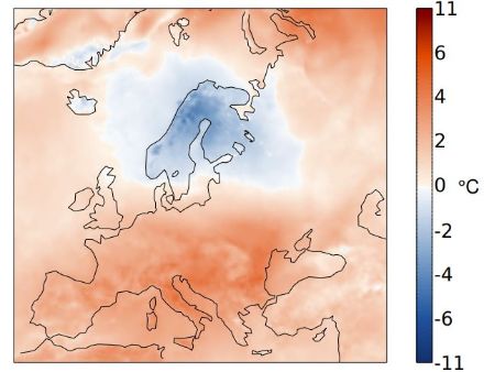 Räumliche Verteilung der Oktobertemperatur 2023 in Europa, dargestellt als Abweichung zum Durchschnitt 1991‒2020 in °C. 