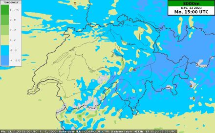 Temperaturvorhersage auf 3000 Metern für Montag, 13. November 2023 um 15 UTC.