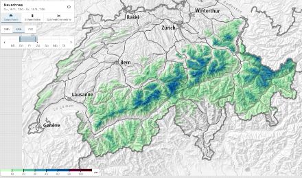 2-Tages-Neuschneesumme im Zeitraum von Donnerstag, 16. November 2023, 7 Uhr bis Samstag, 18. November 2023, 7 Uhr. Es handelt sich hier um modellierte Daten aus rund 440 manuellen und automatischen Stationen des SLF und von MeteoSchweiz.