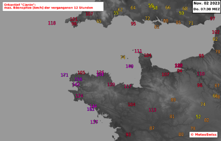 Böenspitzen bis am Donnerstagmorgen, 02.11.2023 über Nordwestfrankreich und dem Ärmelkanal. Quelle: MeteoSchweiz