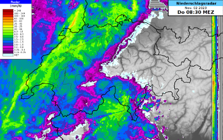 Niederschlagsradar am Donnerstagvormittag, 02.11.2023 um 08:30 Uhr. Quelle: MeteoSchweiz