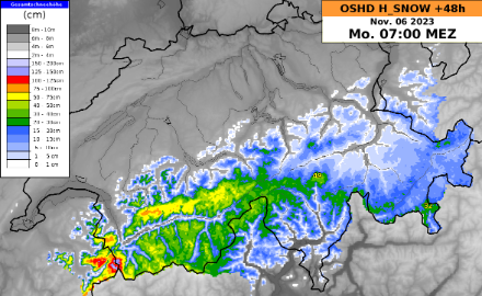 48-stündige Schneeprognose nach dem OSHD-Modell bis Montag, 06.11.2023, 07:00 Uhr. Quelle: SLF/MeteoSchweiz