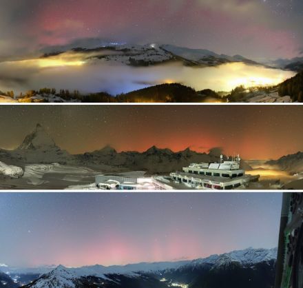Nordlichter am Abend des 5. Novembers 2023 wurden von diversen Webcams aufgenommen. Oben: Scuol-Tarasp, Mitte: Trockener Steg, unten: Pizzo Matro.